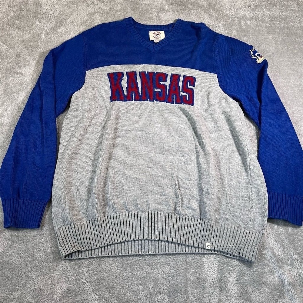 Kansas Jayhawks Sweatshirt Mens 2XL Blue Knit Pullover 47 Brand